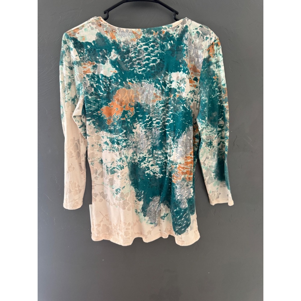 Reba Womens Teal Orange Abstract Watercolor Sequin Western Rhinestone Top Small - Picture 4 of 8